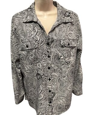 Kim Rogers Black & White Paisley Print Button Up Long Sleeve Top Women’s Size PL
